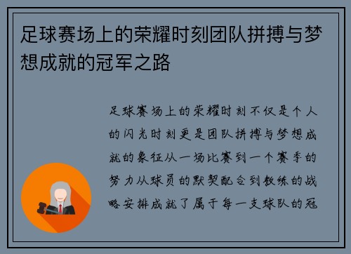 足球赛场上的荣耀时刻团队拼搏与梦想成就的冠军之路