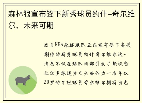 森林狼宣布签下新秀球员约什-奇尔维尔，未来可期