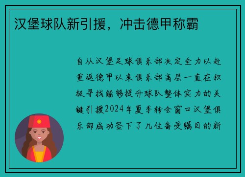 汉堡球队新引援，冲击德甲称霸