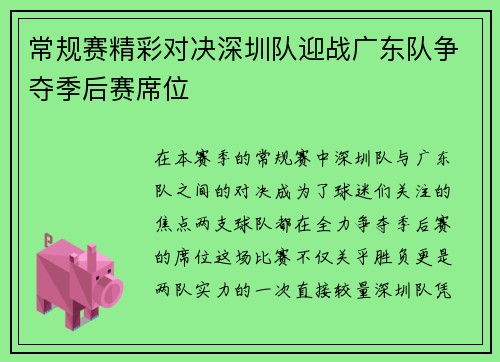 常规赛精彩对决深圳队迎战广东队争夺季后赛席位