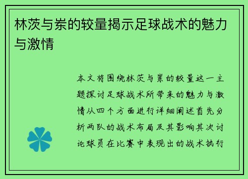 林茨与岽的较量揭示足球战术的魅力与激情