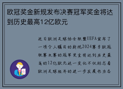欧冠奖金新规发布决赛冠军奖金将达到历史最高12亿欧元