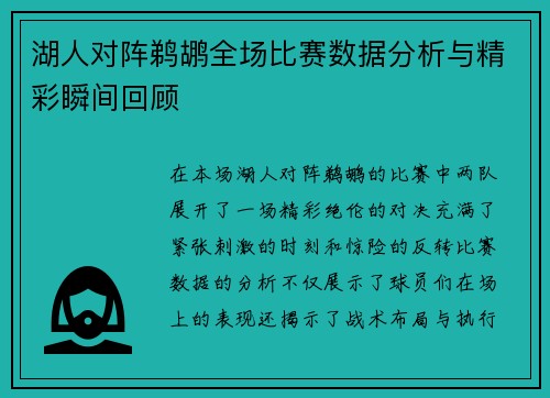 湖人对阵鹈鹕全场比赛数据分析与精彩瞬间回顾