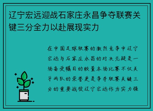 辽宁宏远迎战石家庄永昌争夺联赛关键三分全力以赴展现实力
