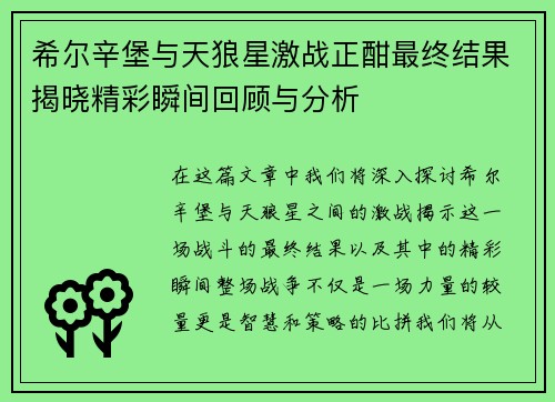 希尔辛堡与天狼星激战正酣最终结果揭晓精彩瞬间回顾与分析