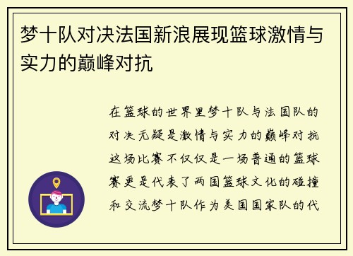 梦十队对决法国新浪展现篮球激情与实力的巅峰对抗