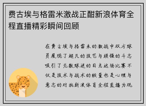 费古埃与格雷米激战正酣新浪体育全程直播精彩瞬间回顾