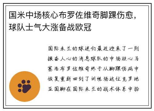国米中场核心布罗佐维奇脚踝伤愈，球队士气大涨备战欧冠