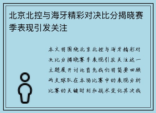 北京北控与海牙精彩对决比分揭晓赛季表现引发关注