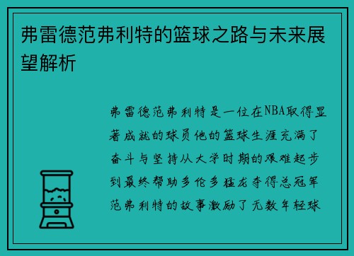 弗雷德范弗利特的篮球之路与未来展望解析