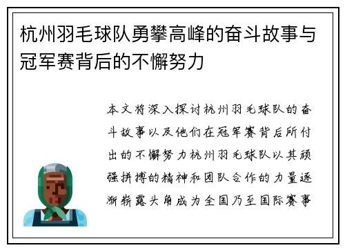 杭州羽毛球队勇攀高峰的奋斗故事与冠军赛背后的不懈努力