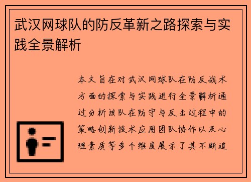 武汉网球队的防反革新之路探索与实践全景解析
