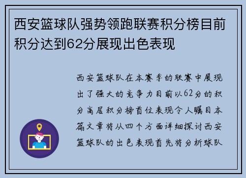 西安篮球队强势领跑联赛积分榜目前积分达到62分展现出色表现